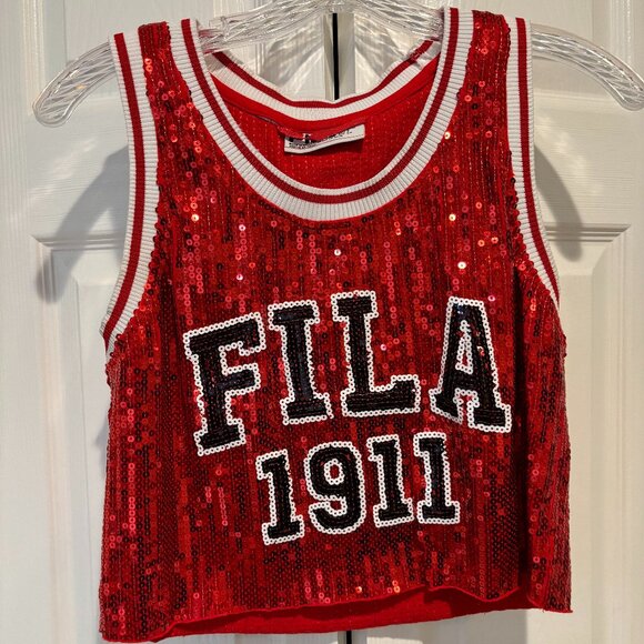 Fila Tops - Red Sequined Sparkly Fila Cropped Basketball Jersey